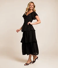 Jacquard Floral Tiered Midi Dress