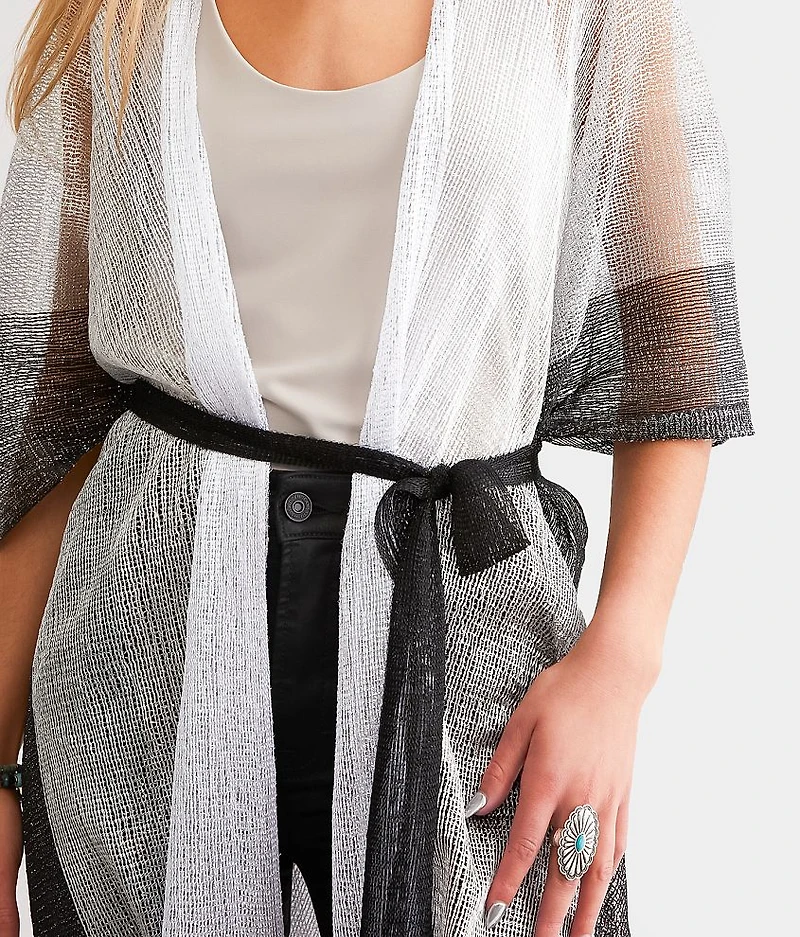 Metallic Striped Fringe Kimono - One Size