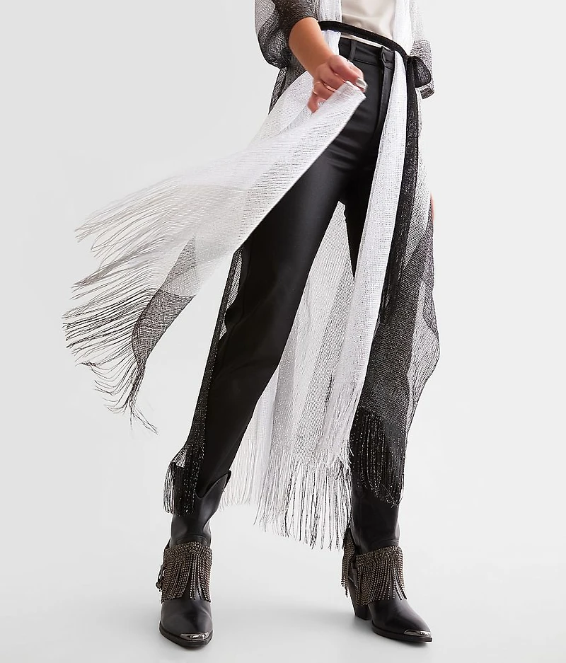 Metallic Striped Fringe Kimono - One Size