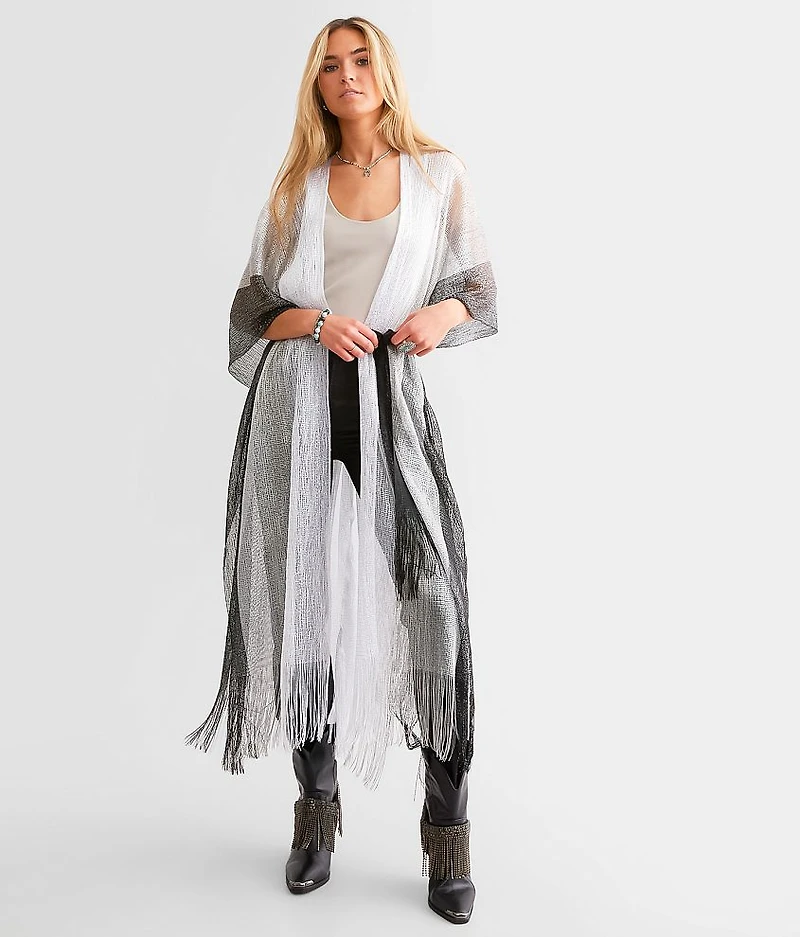 Metallic Striped Fringe Kimono - One Size