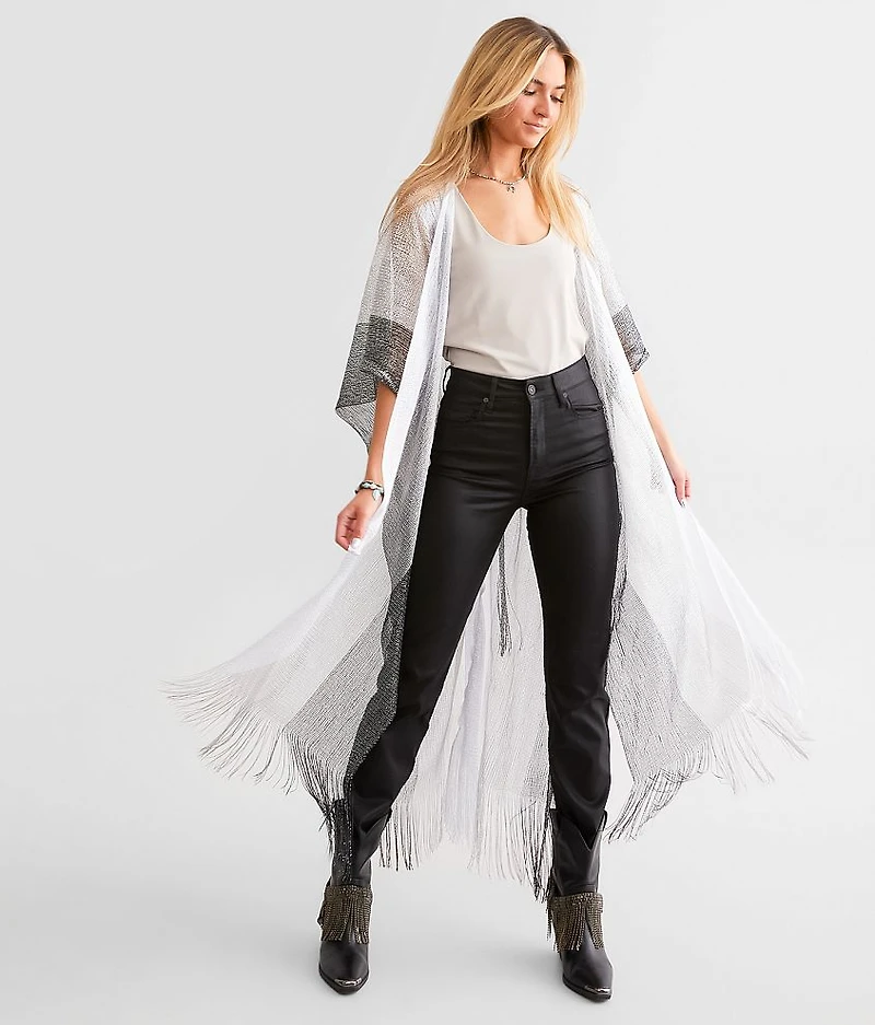 Metallic Striped Fringe Kimono - One Size