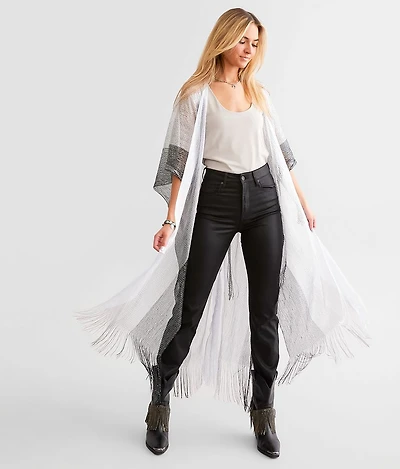 Metallic Striped Fringe Kimono - One Size