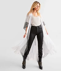 Metallic Striped Fringe Kimono - One Size