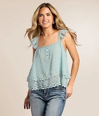 Swiss Dot Ruffle Henley Tank Top