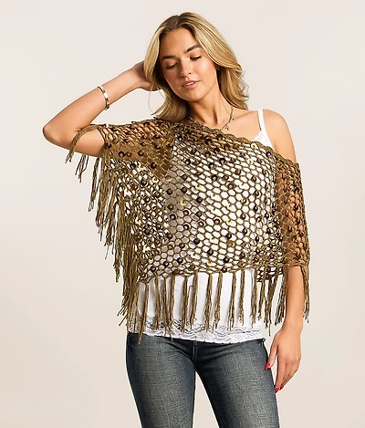 Sequin Fringe Sweater Poncho