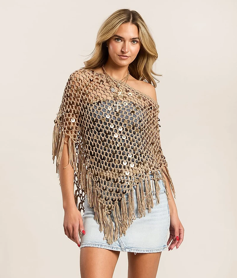 Sequin Fringe Sweater Poncho
