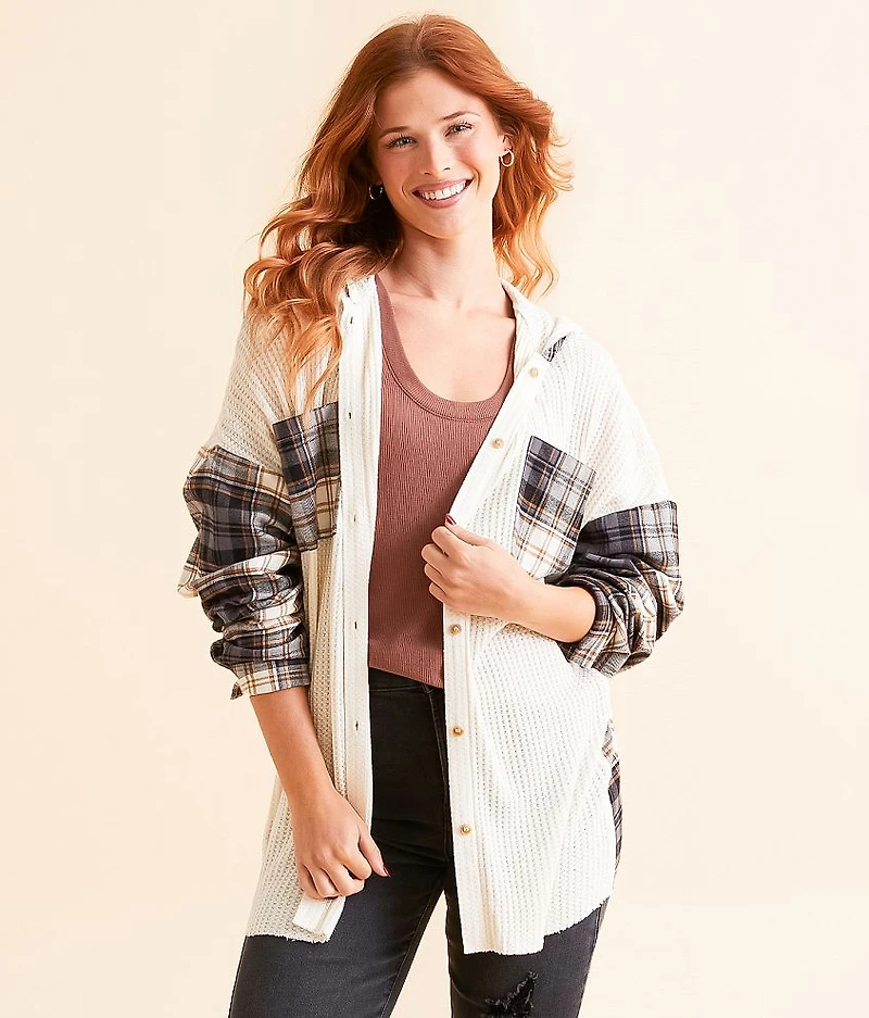 Pieced Plaid Hooded Shirt