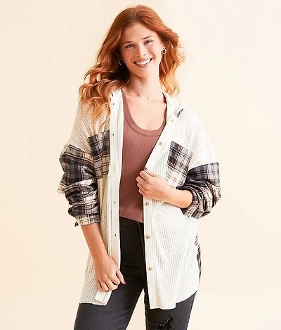 Pieced Plaid Hooded Shirt