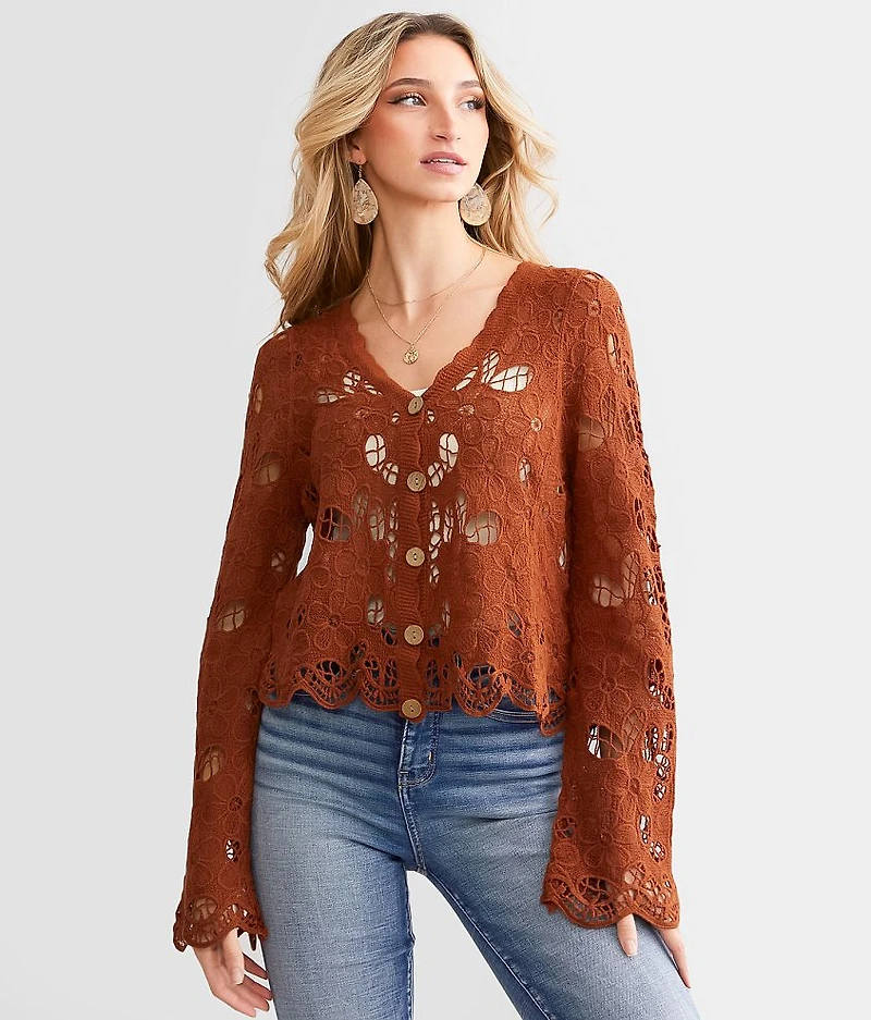 Floral Crochet Cropped Cardigan Sweater