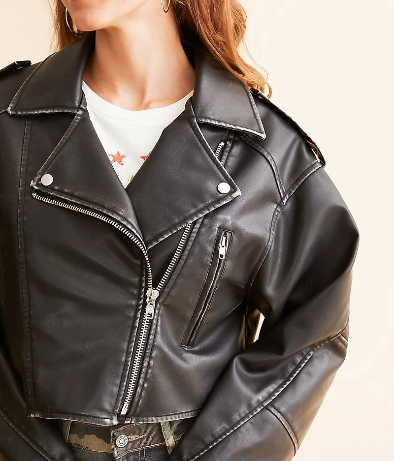 Cropped Faux Leather Moto Jacket