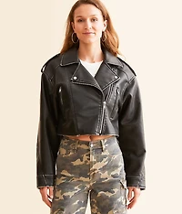 Cropped Faux Leather Moto Jacket