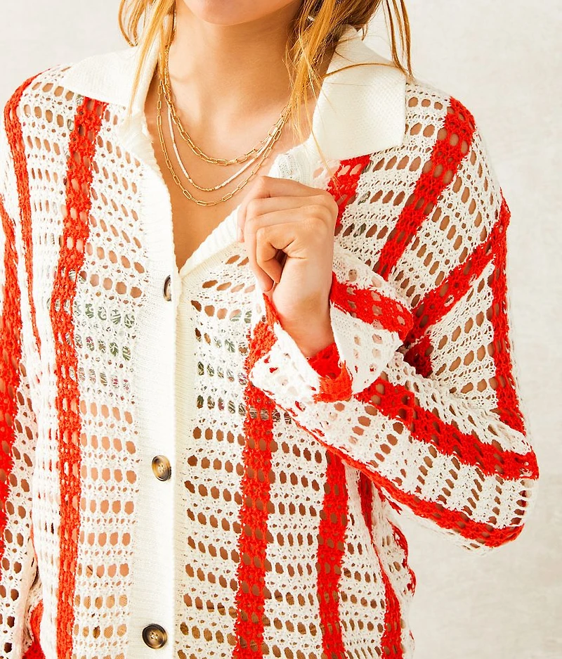 Wave Pointelle Stitch Cardigan Sweater