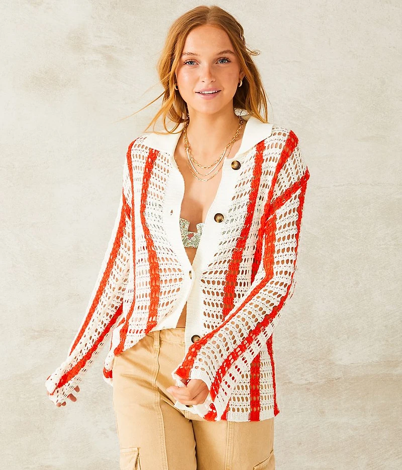 Wave Pointelle Stitch Cardigan Sweater
