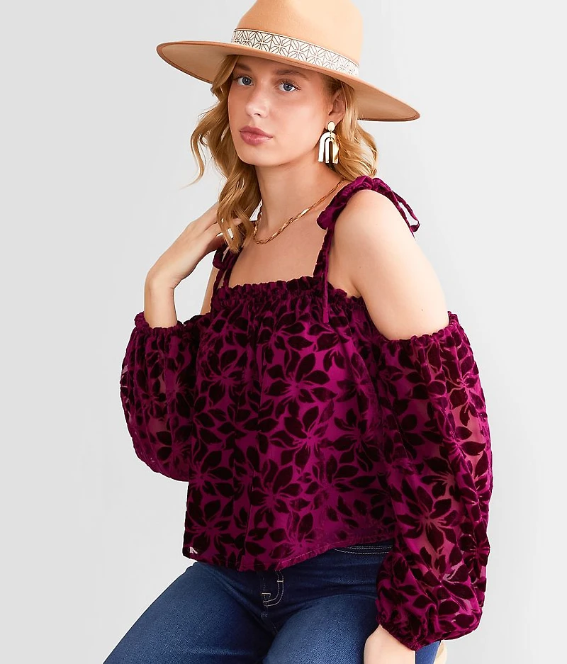 Floral Velvet Cold Shoulder Top