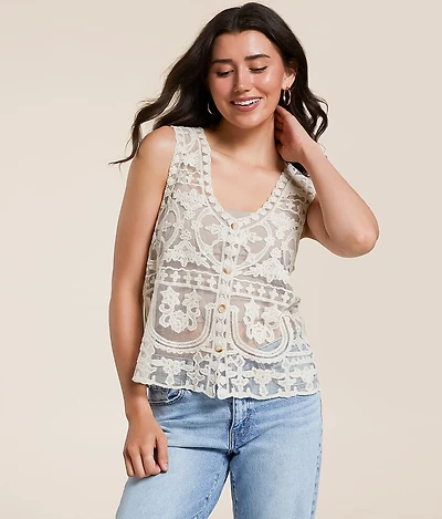 Sheer Lace Scalloped Tank Top