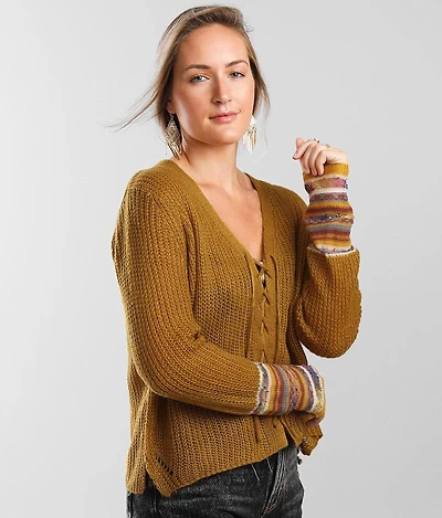 Lace-Up Striped Cardigan Sweater
