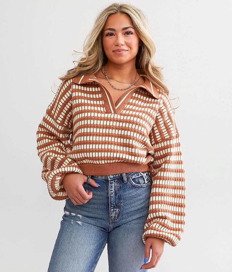 Collared Split Neck Cropped Sweater