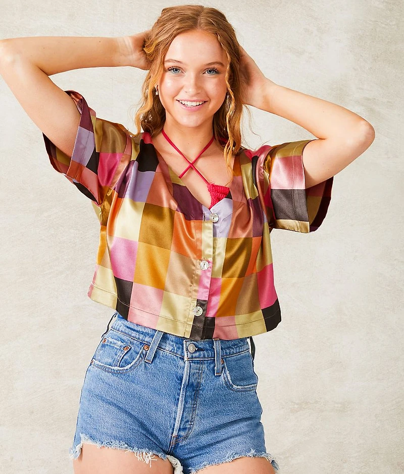 Checkered Satin Cropped Blouse