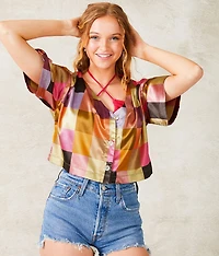 Checkered Satin Cropped Blouse