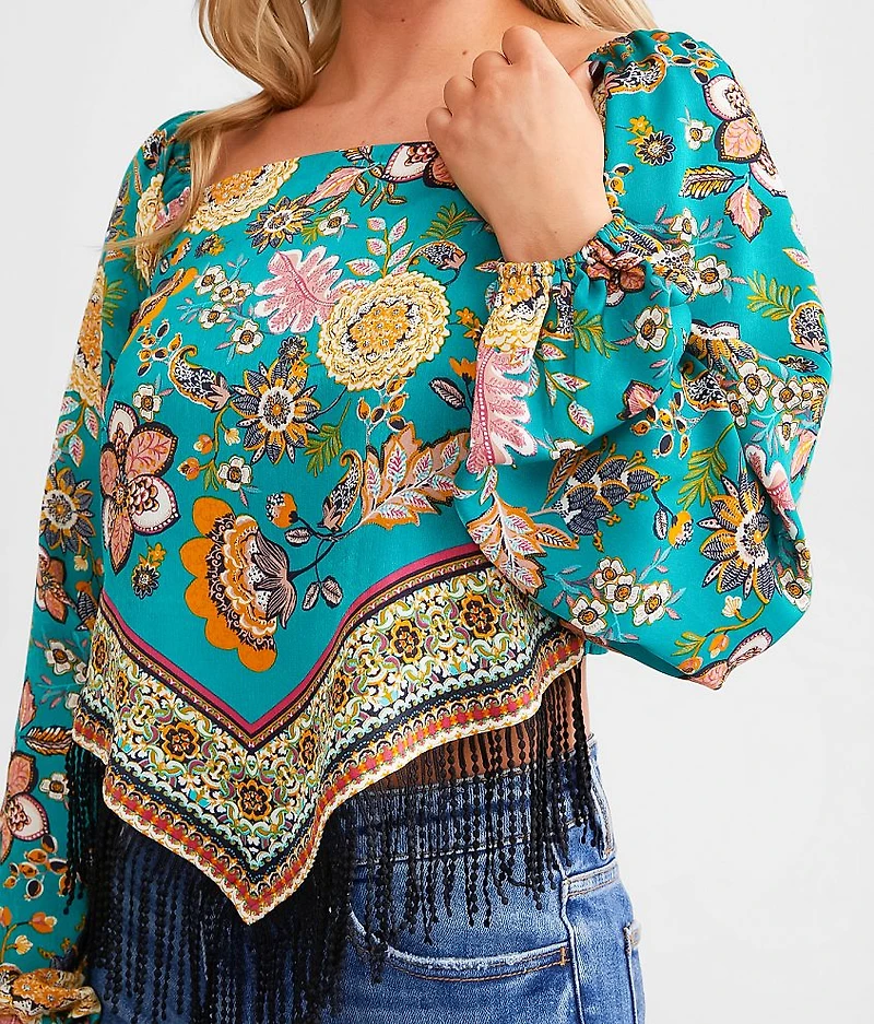 Satin Handkerchief Hem Fringe Cropped Top