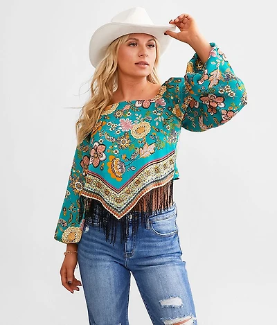 Satin Handkerchief Hem Fringe Cropped Top