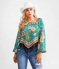 Satin Handkerchief Hem Fringe Cropped Top