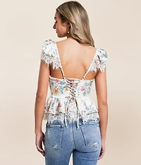 Satin Floral Peplum Cropped Tank Top