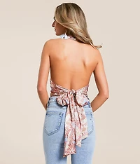 Paisley Satin Cropped Halter Tank Top
