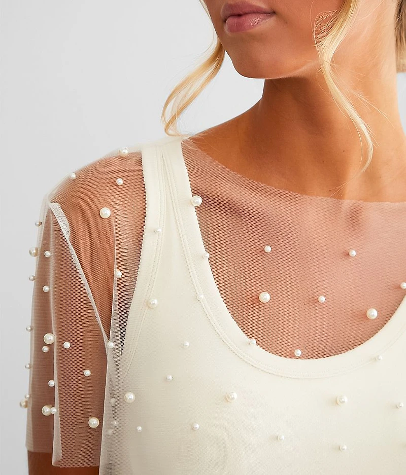 Faux Pearl Mesh Top