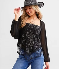 Sequin Hanky Hem Fringe Top