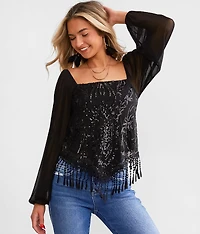 Sequin Hanky Hem Fringe Top