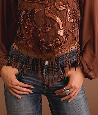 Sequin Lace Fringe Cropped Top