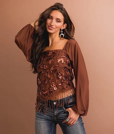 Sequin Lace Fringe Cropped Top