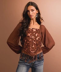 Sequin Lace Fringe Cropped Top