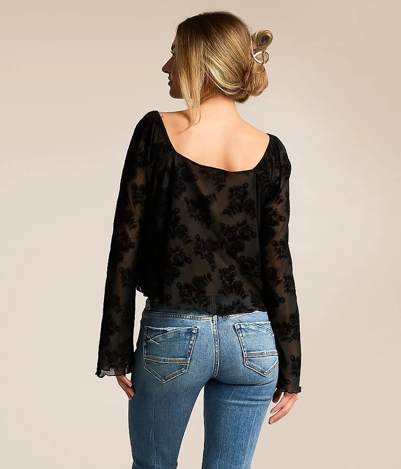 Flocked Floral Mesh Cropped Top