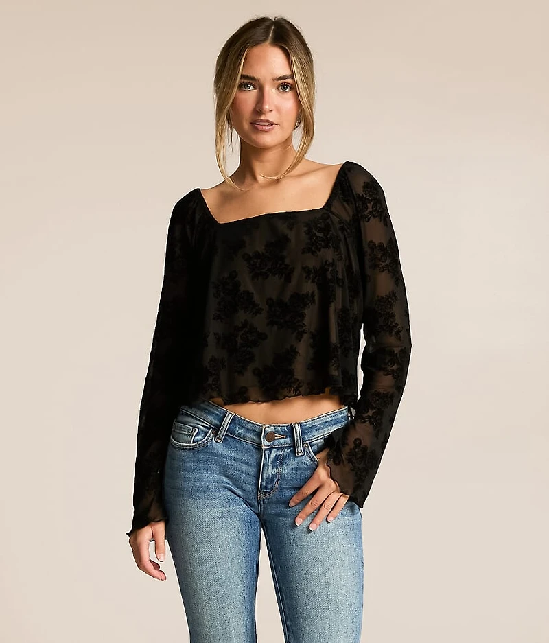 Flocked Floral Mesh Cropped Top