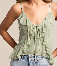 Floral Embroidered Ruffle Cropped Tank Top