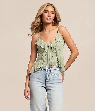 Floral Embroidered Ruffle Cropped Tank Top