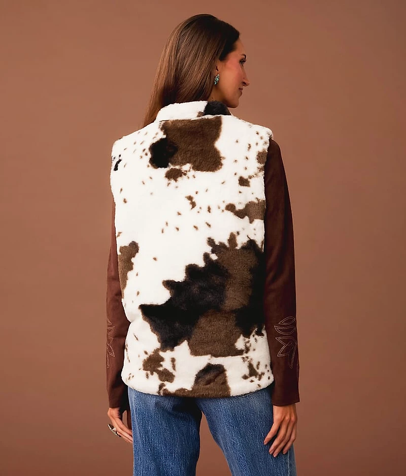 Cow Print Faux Fur Vest