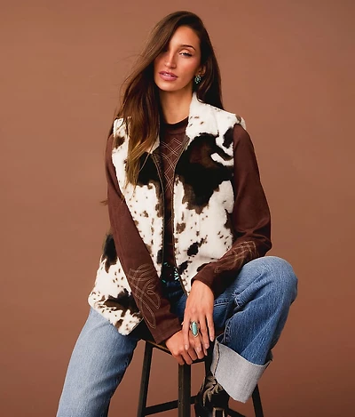Cow Print Faux Fur Vest