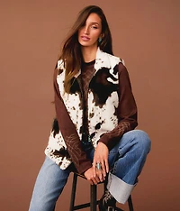 Cow Print Faux Fur Vest
