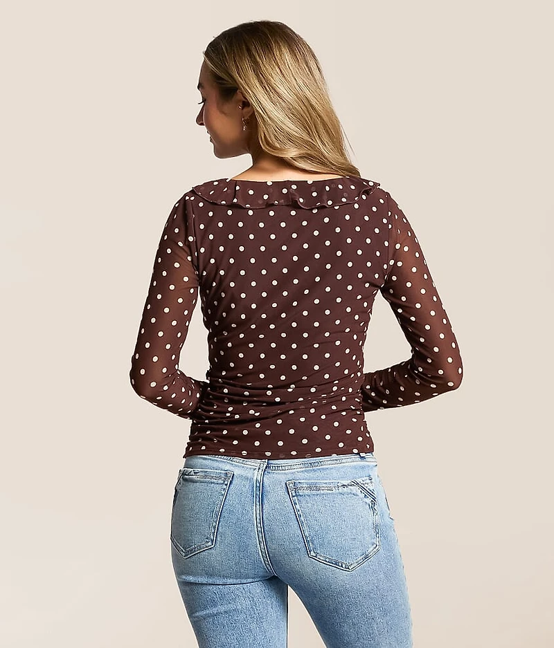 Polka Dot Mesh Top With Detachable Scarf