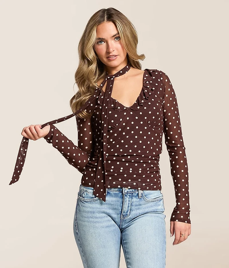 Polka Dot Mesh Top With Detachable Scarf