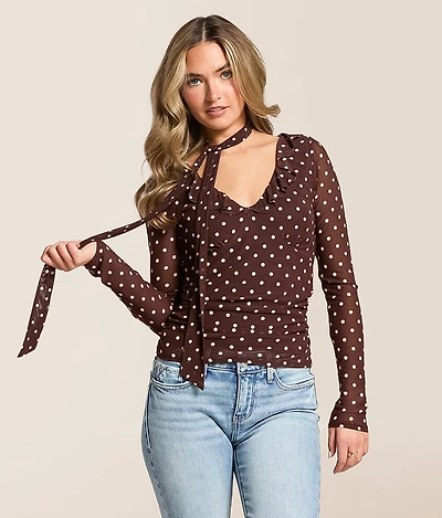 Polka Dot Mesh Top With Detachable Scarf