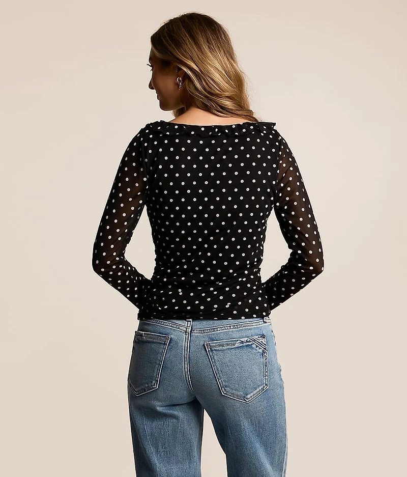 Polka Dot Mesh Top With Detachable Scarf