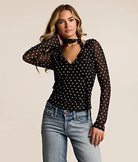 Polka Dot Mesh Top With Detachable Scarf