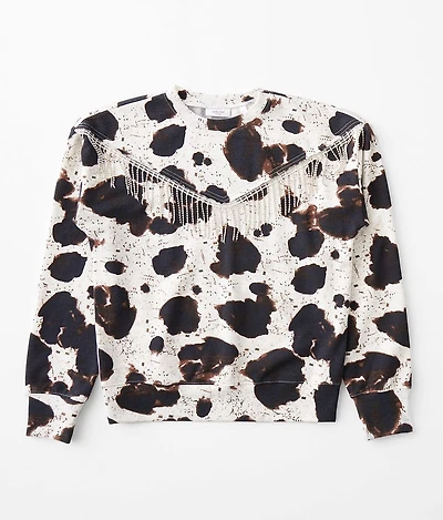 Girls - Fringe Cow Print Pullover