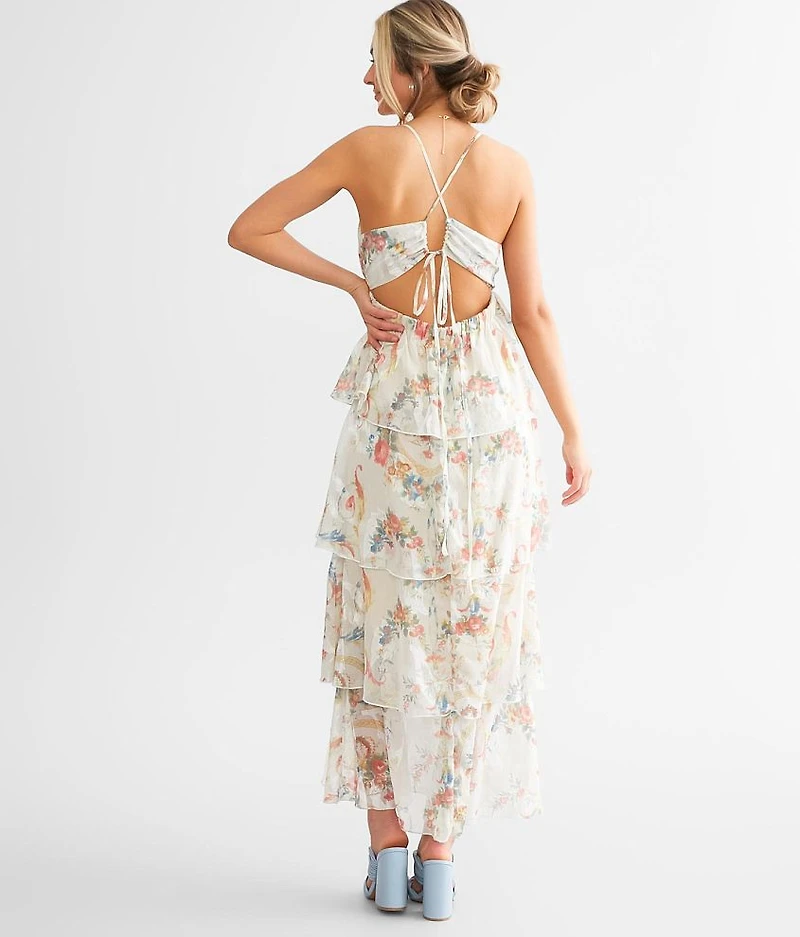 Floral Jacquard Chiffon Tiered Midi Dress