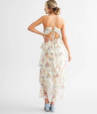 Floral Jacquard Chiffon Tiered Midi Dress
