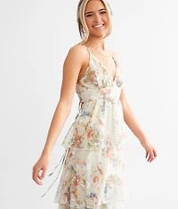 Floral Jacquard Chiffon Tiered Midi Dress